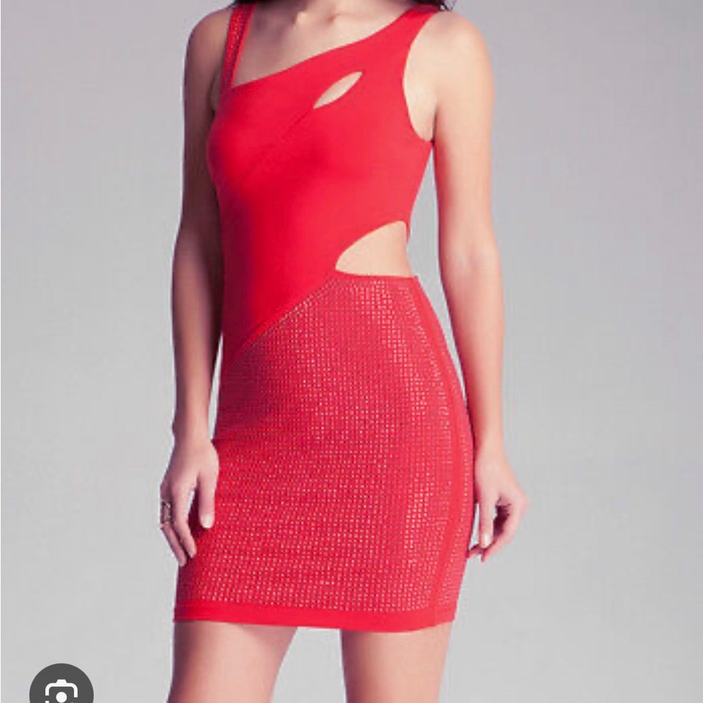NWOT-Bebe Red Strap Cutout Silver Stud Party Bodycon Top Dress-xxs